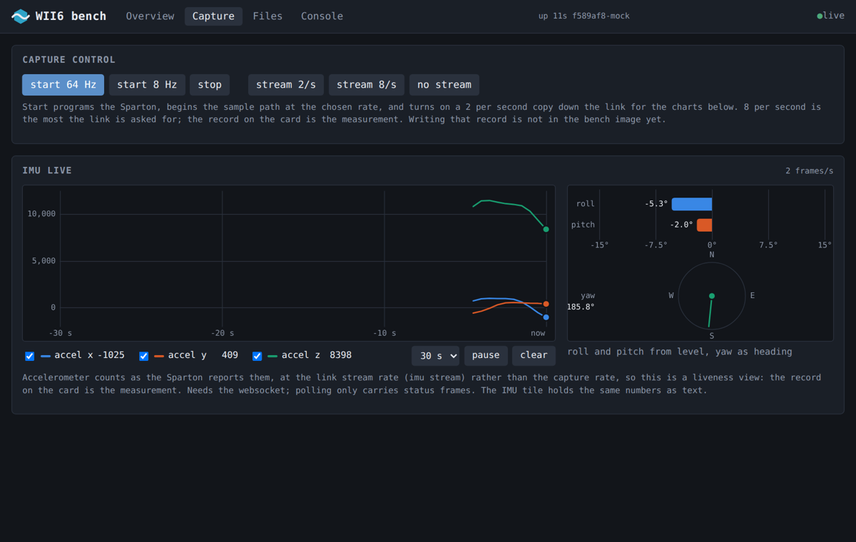 Capture: start the motion sensor and watch acceleration over time, roll and pitch, and heading, live.